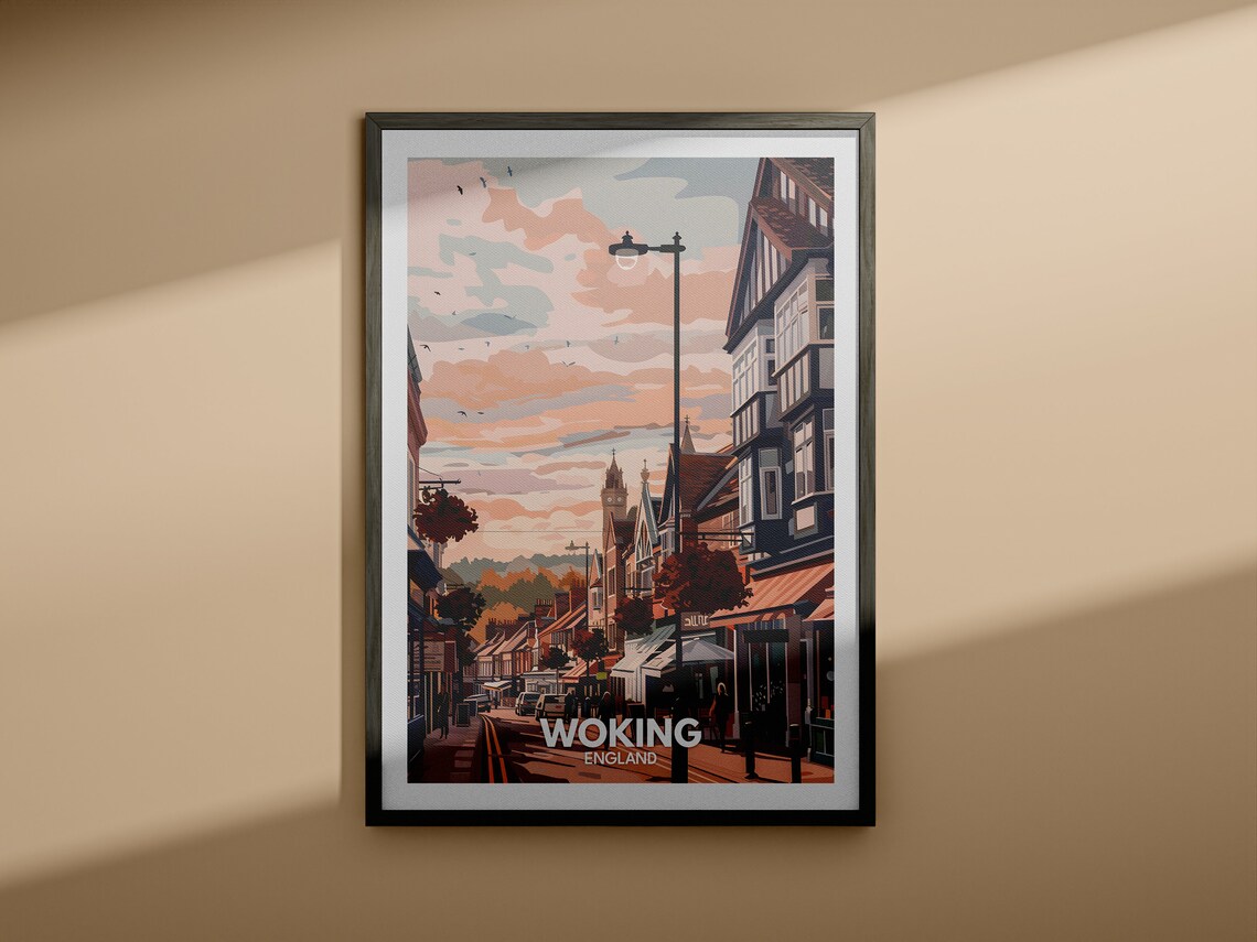 Woking England Sunset High Street Shops Evening Glow Vintage Poster - Image 4