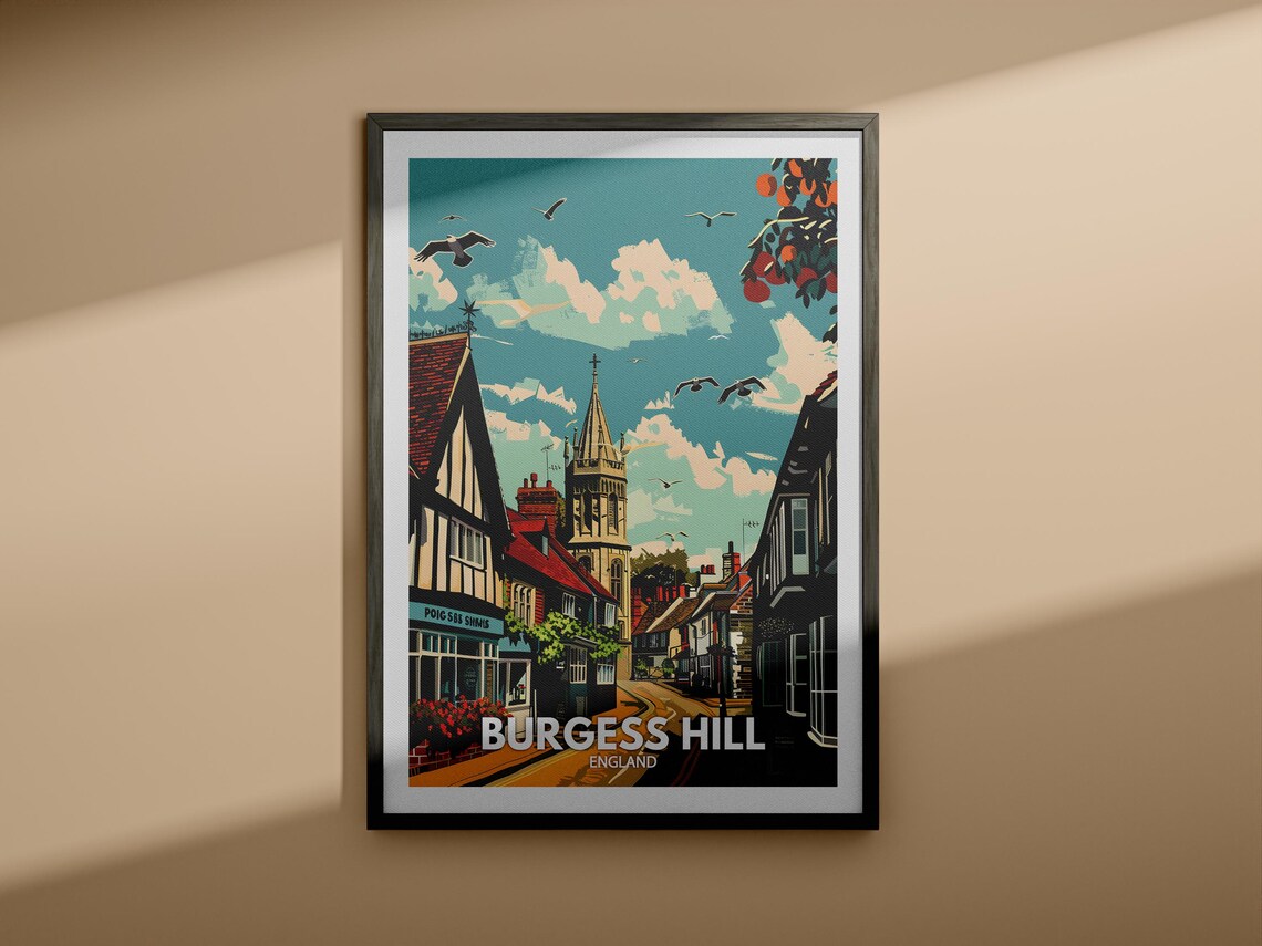 Burgess Hill England Town Street Church Tower Seagulls Travel Poster - Image 4