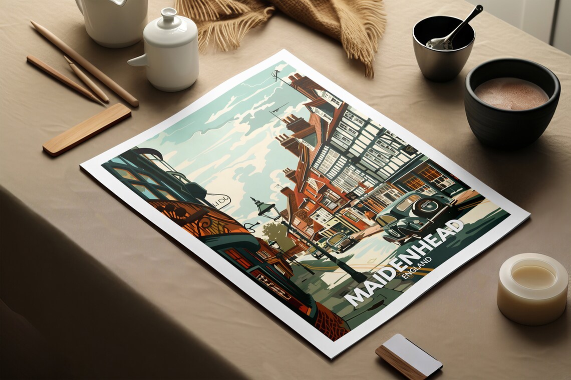Maidenhead England Tudor Street Vintage Cars Retro Travel Poster - Image 2