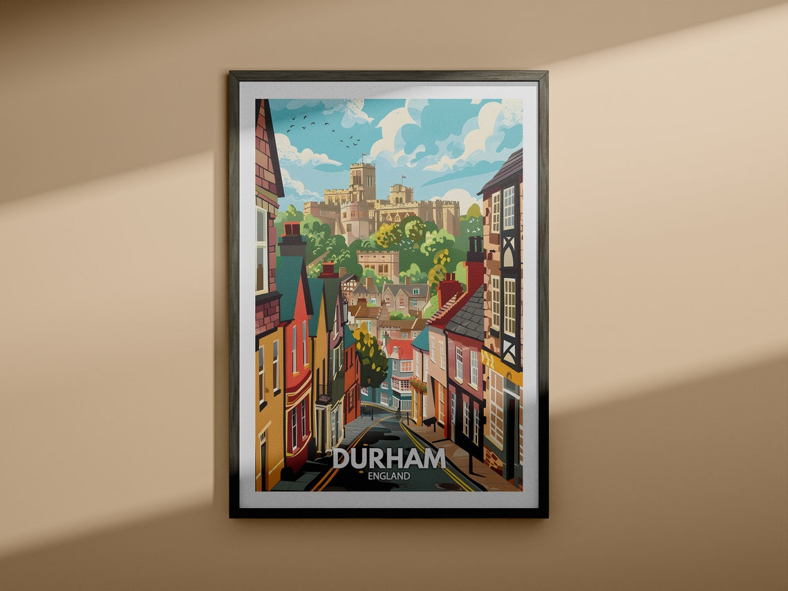 Durham England Travel Poster Castle Hill Historic Street Scene - Image 4