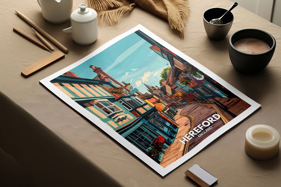 Hereford England Vintage Travel Poster Medieval Street Scene - Image 2