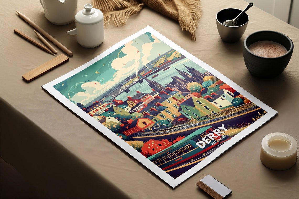 Derry Ireland River Bridge Cathedral Spire Historic Old City Poster - Image 2