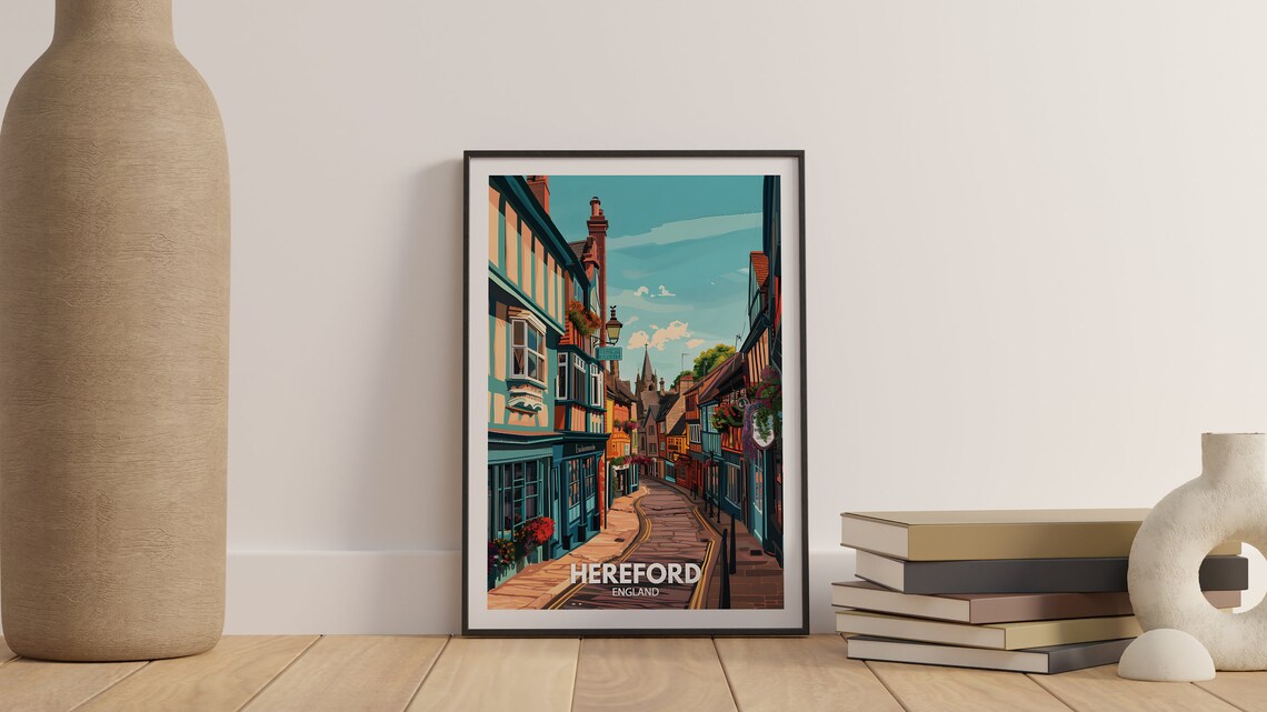 Hereford England Vintage Travel Poster Medieval Street Scene - Image 3