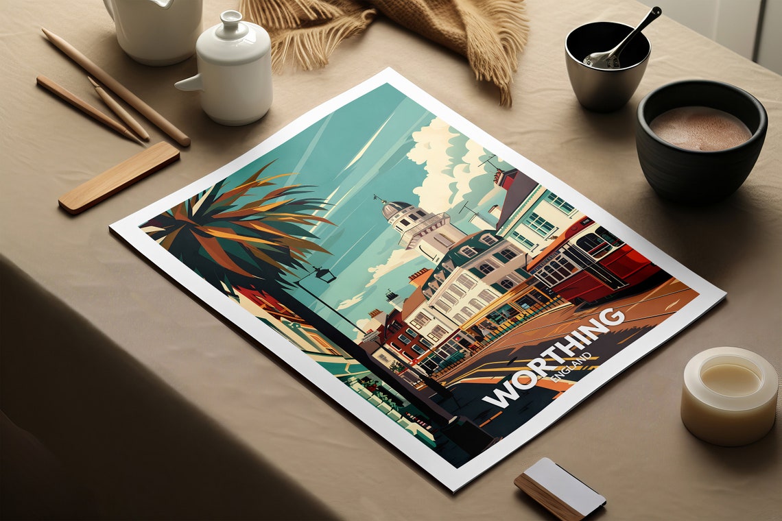 Worthing England Seafront Dome Building Classic Bus Palm Travel Poster - Image 2