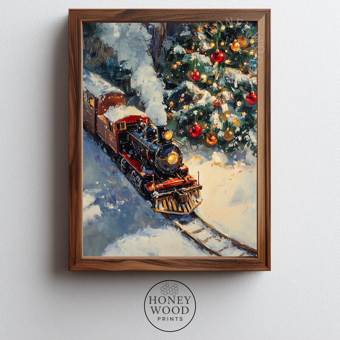 Vintage Steam Train by Christmas Tree Snowy Night Painting Poster