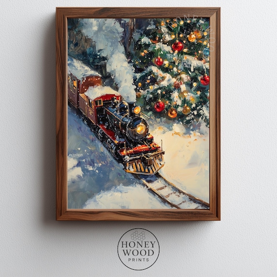 Vintage Steam Train by Christmas Tree Snowy Night Painting Poster