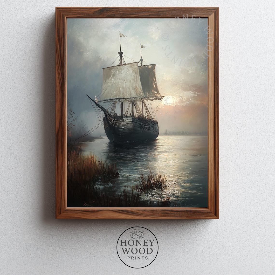 Tall Ship Misty Harbor Dawn Vintage Nautical Painting Poster