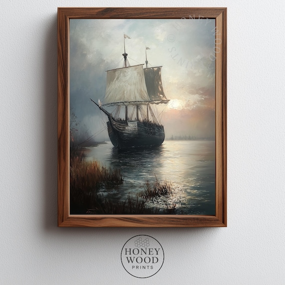 Tall Ship Misty Harbor Dawn Vintage Nautical Painting Poster