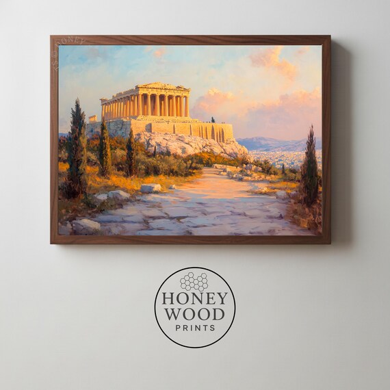 Romantic Acropolis In Twilight Moody Mediterranean Landscape Art Vintage Travel Vibe Impressionistic Wall Decor 63