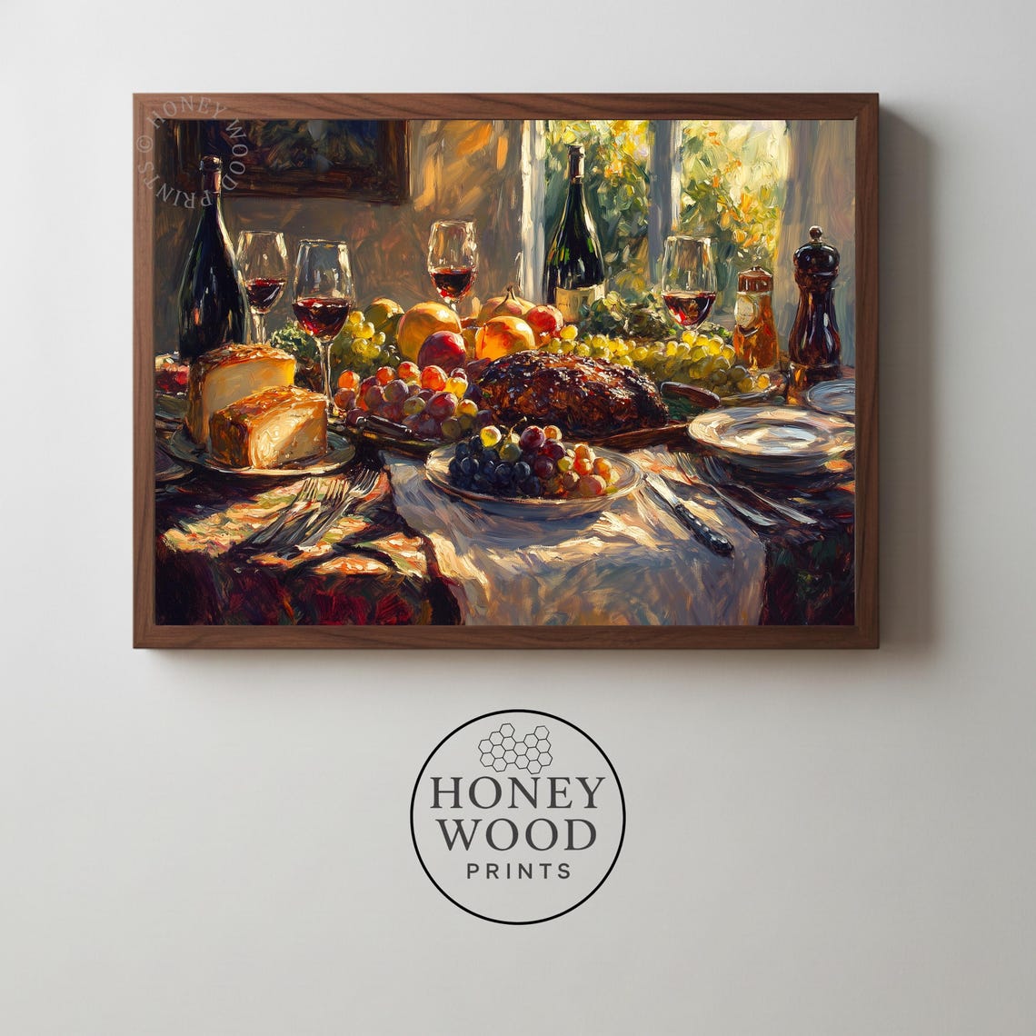 Rustic Feast Table Oil Painting Wine Roast Fruit Harvest Dinner Poster
