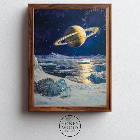 Serene Saturn Over Icy Moon Dramatic Vintage Space Art With Rings Celestial Landscape Cosmic Wall Decor 200