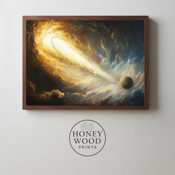 Golden Comet Streaking Across Starry Sky Cosmic Oil Painting Art Print