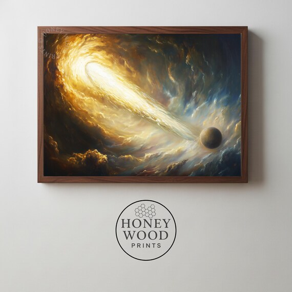 Moody Space Wall Art Comet Painting With Glowing Tail Cosmic Scifi Dramatic Decor Instant 109