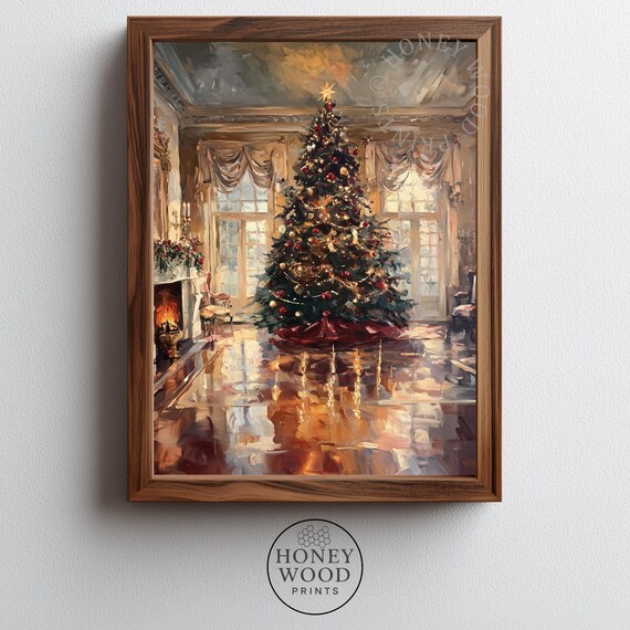 Elegant Christmas Tree in Grand Hall Fireplace Painting Art Poster