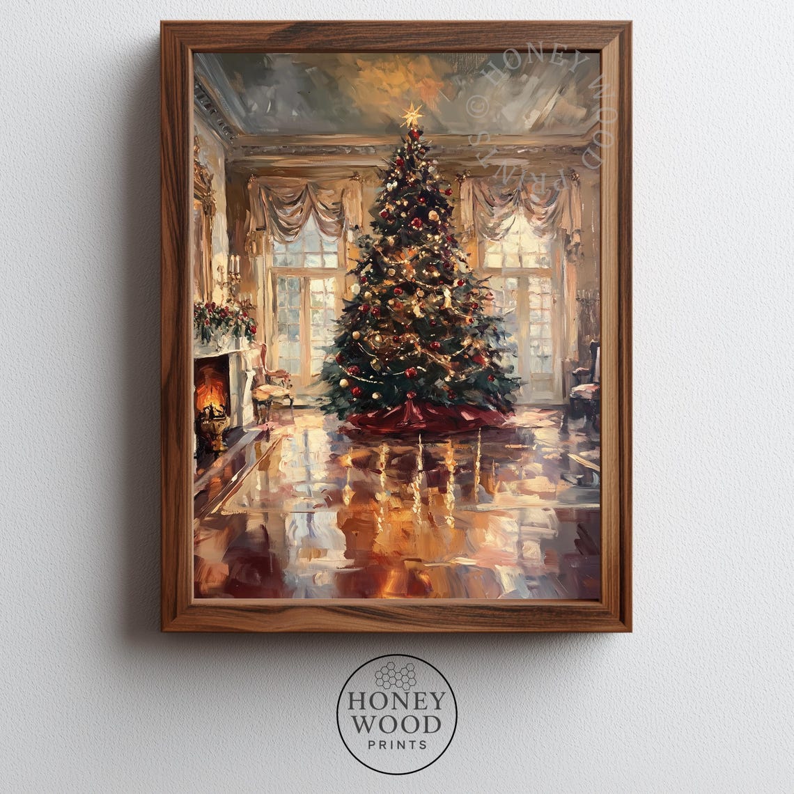 Elegant Christmas Tree in Grand Hall Fireplace Painting Art Poster