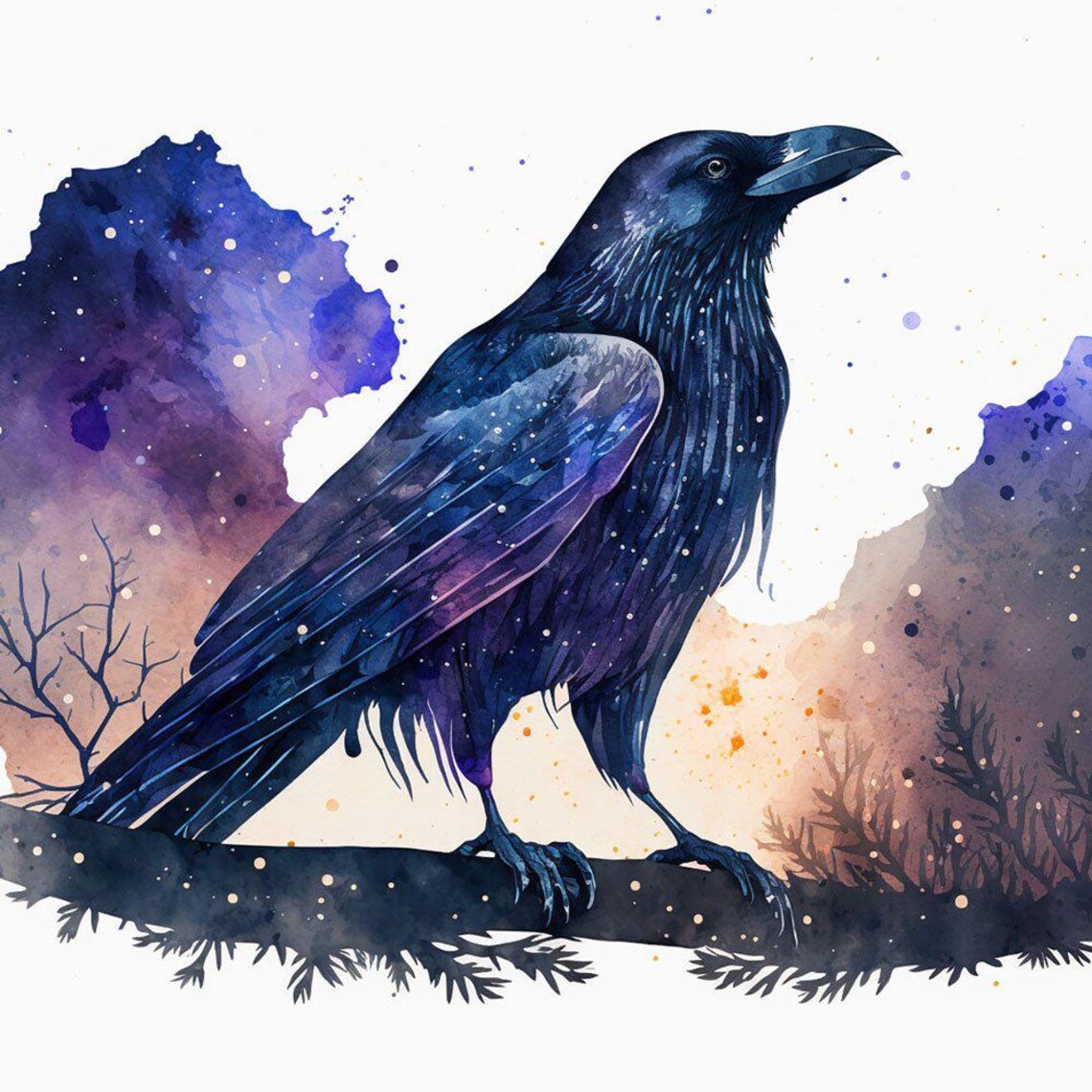 Watercolor Crow On Branch Starry Night Galaxy Sky Bird Poster - Image 2