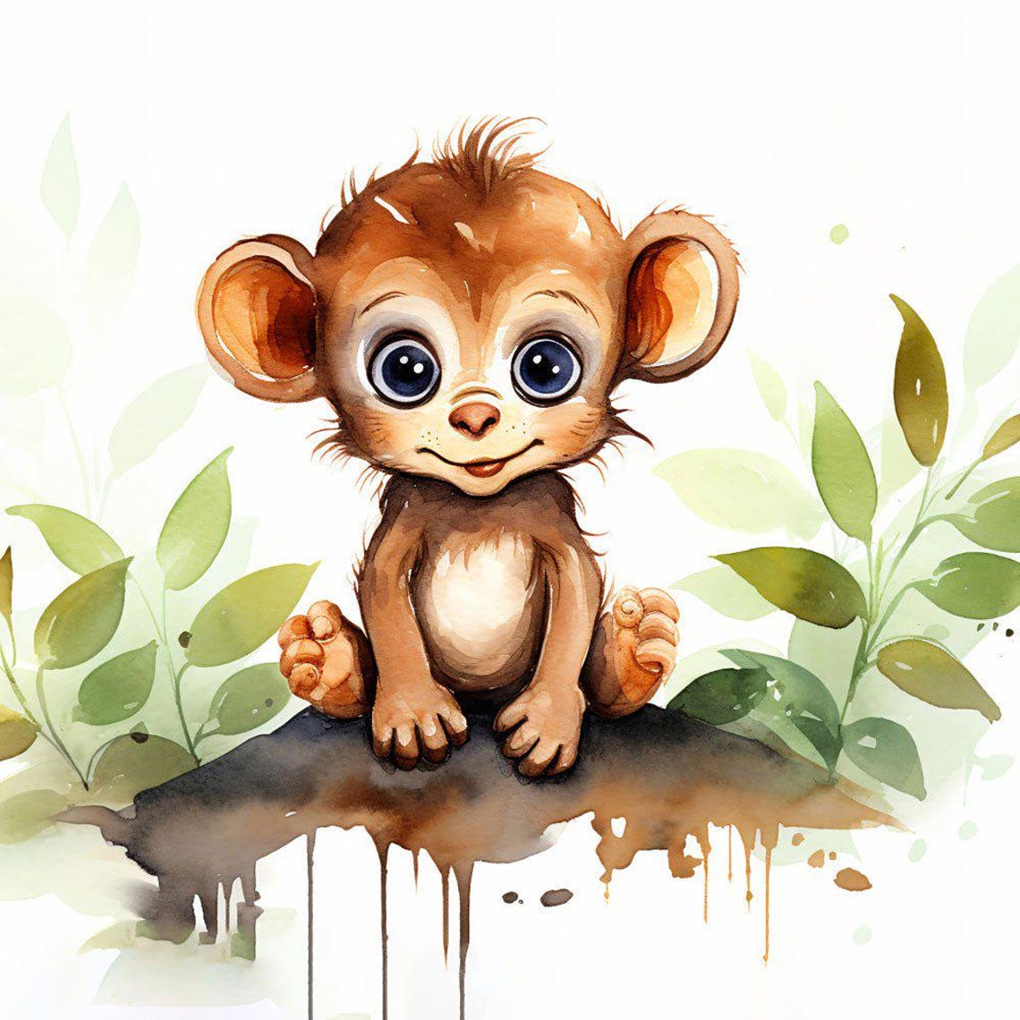 Adorable Cute Baby Monkey Watercolor Jungle Safari Nursery Wall Art - Image 2