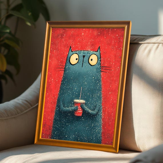 Whimsical Cat With Drink Art Print