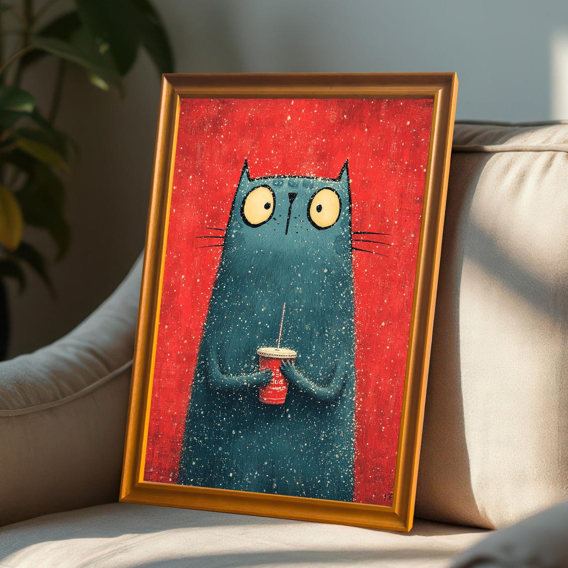 Whimsical Cat With Drink Art Print