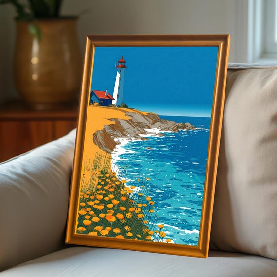 Coastal Lighthouse Art Print Vibrant Seascape Wildflowers Wood Framed Wall Decor