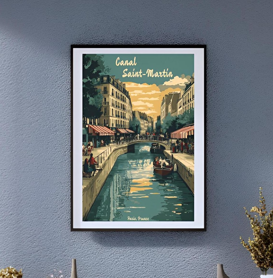Vintage Canal Saint Martin Paris Bridges Boats Cafes Walk Poster