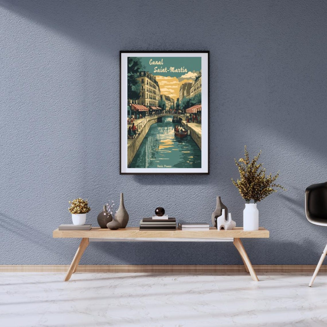Vintage Canal Saint Martin Paris Bridges Boats Cafes Walk Poster - Image 2
