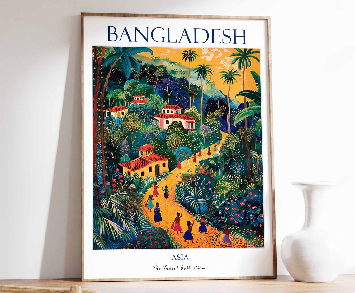 Bangladesh Asia Jungle Village Colorful Folk Art Travel Poster