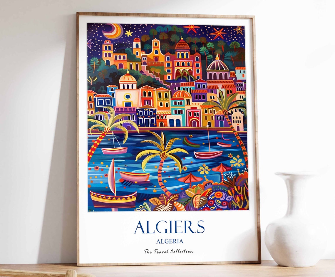 Algiers Algeria Starry Night Harbor Colorful Cityscape Poster