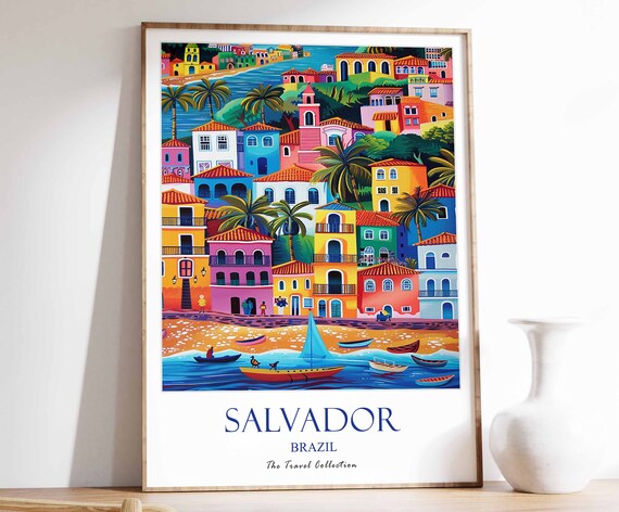 Salvador Brazil Colorful Hillside City Travel Collection Poster