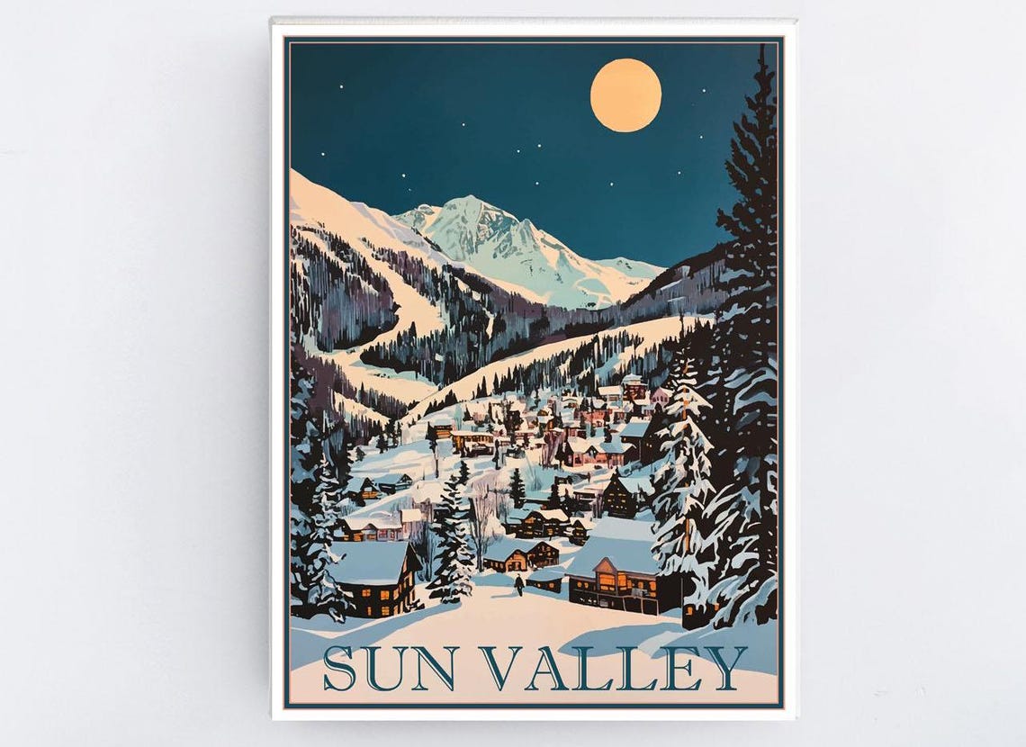 Sun Valley Idaho Moonlit Ski Village Winter Night Travel Poster