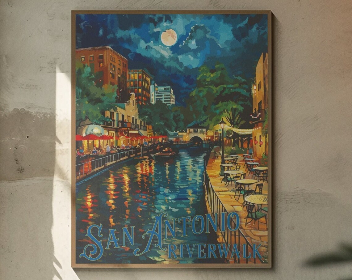 San Antonio Riverwalk Night Lights Moonlit Canal Travel Poster