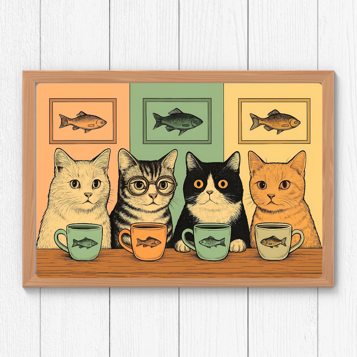 Four Cats with Coffee Cups Fish Vintage Illustration Cat Poster
