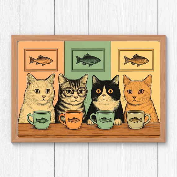 Quirky Cats Coffee Art Print Funny Retro Cat Poster For Bar Decor Vintage Kitchen Wall On Canvas Framed