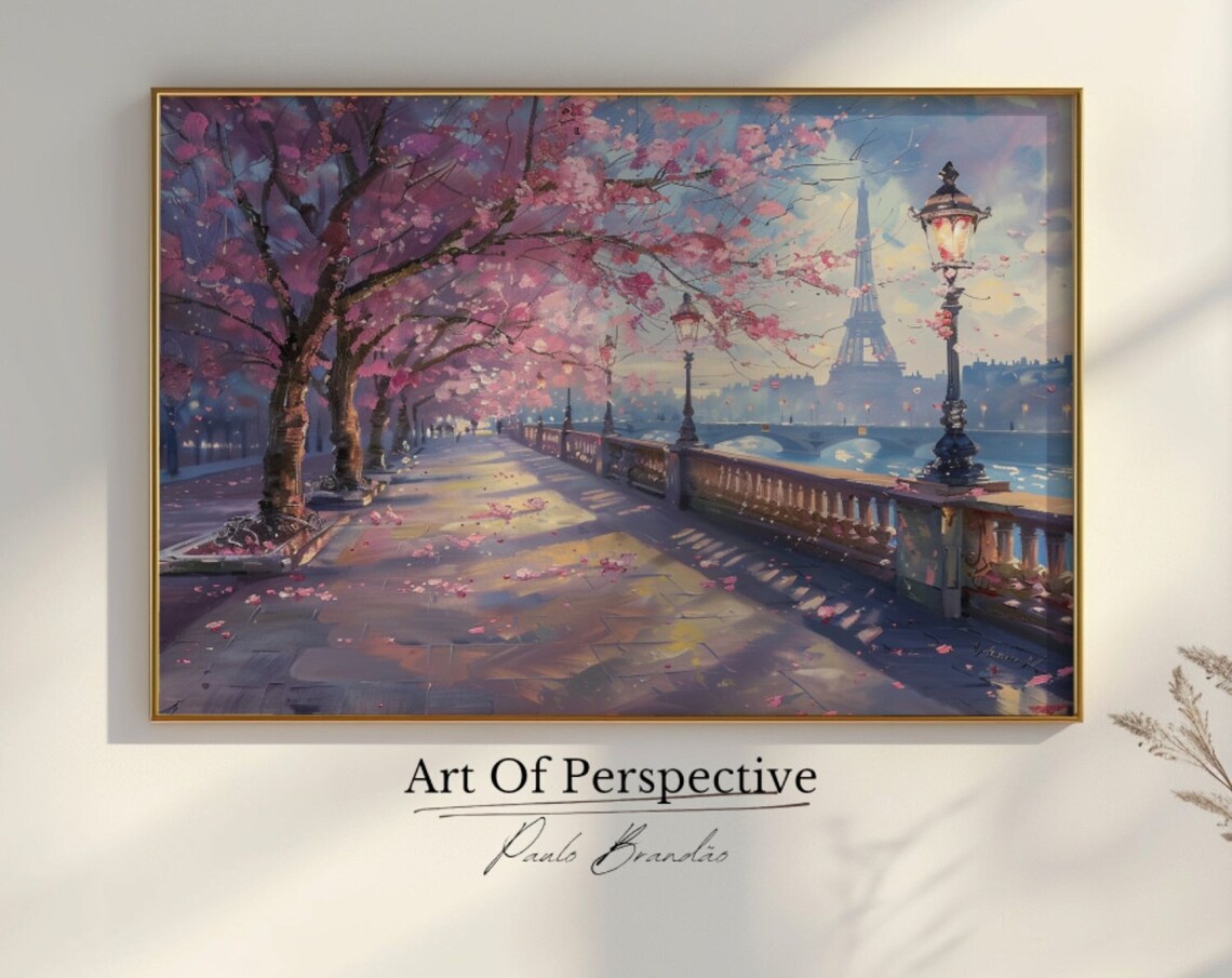Paris Eiffel Tower Cherry Blossom Bridge Night Romantic Painting Poster