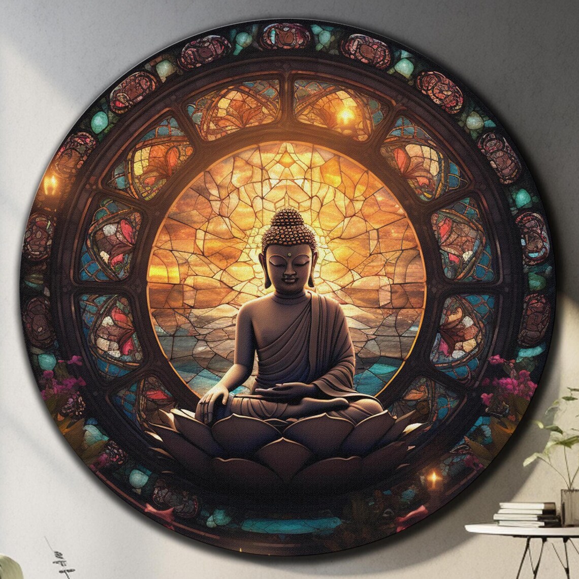 Buddha Lotus Silhouette Amber Stained Glass Dome Round Wall Art