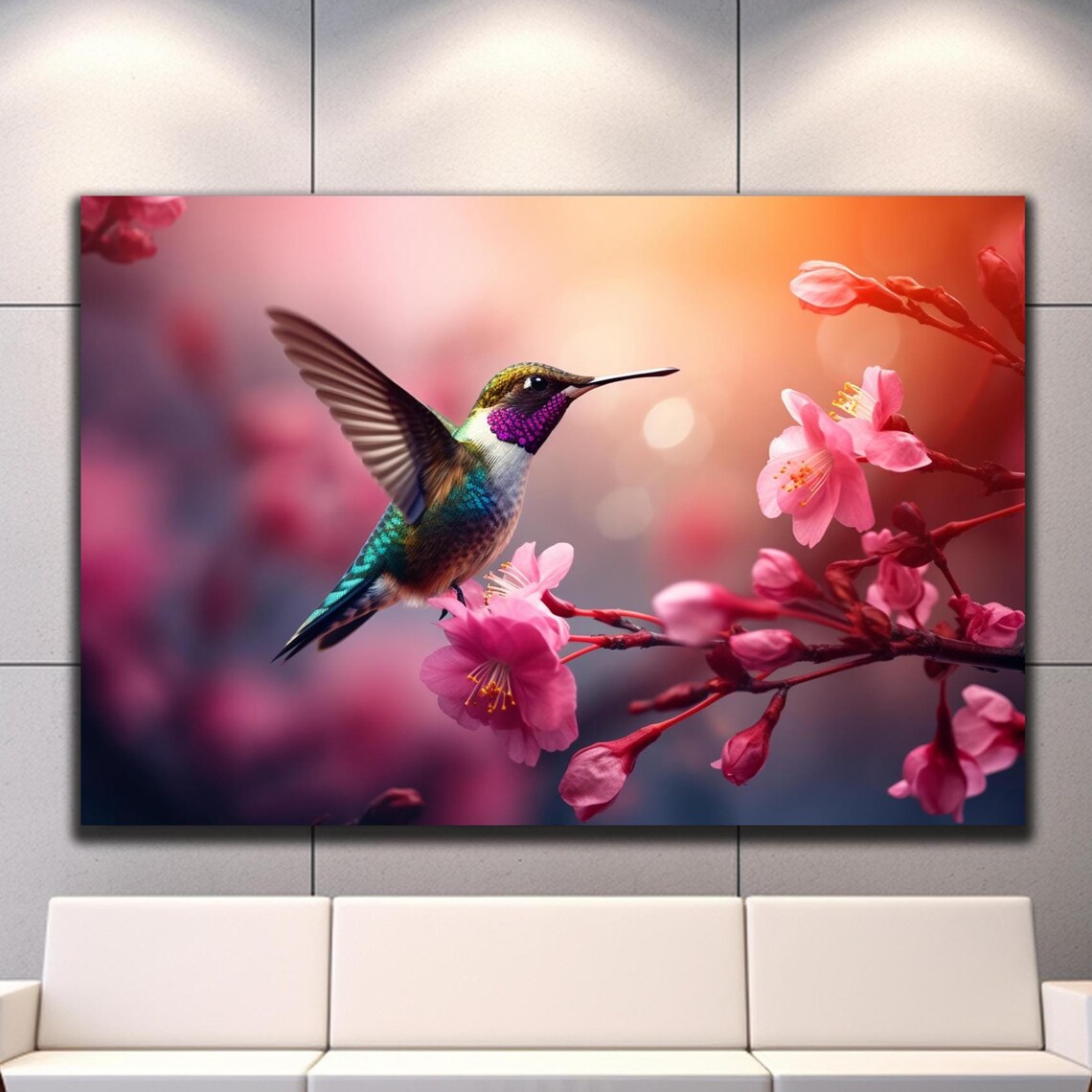 Emerald Hummingbird Pink Cherry Blossom Branch Spring Glow Poster