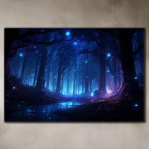 Fireflies Illuminate Forest Tempered Glass Wall Art Fantasy Neon Wall Decor Optical Illusion Artwork Psychedelic Glowing Forest Glass Art