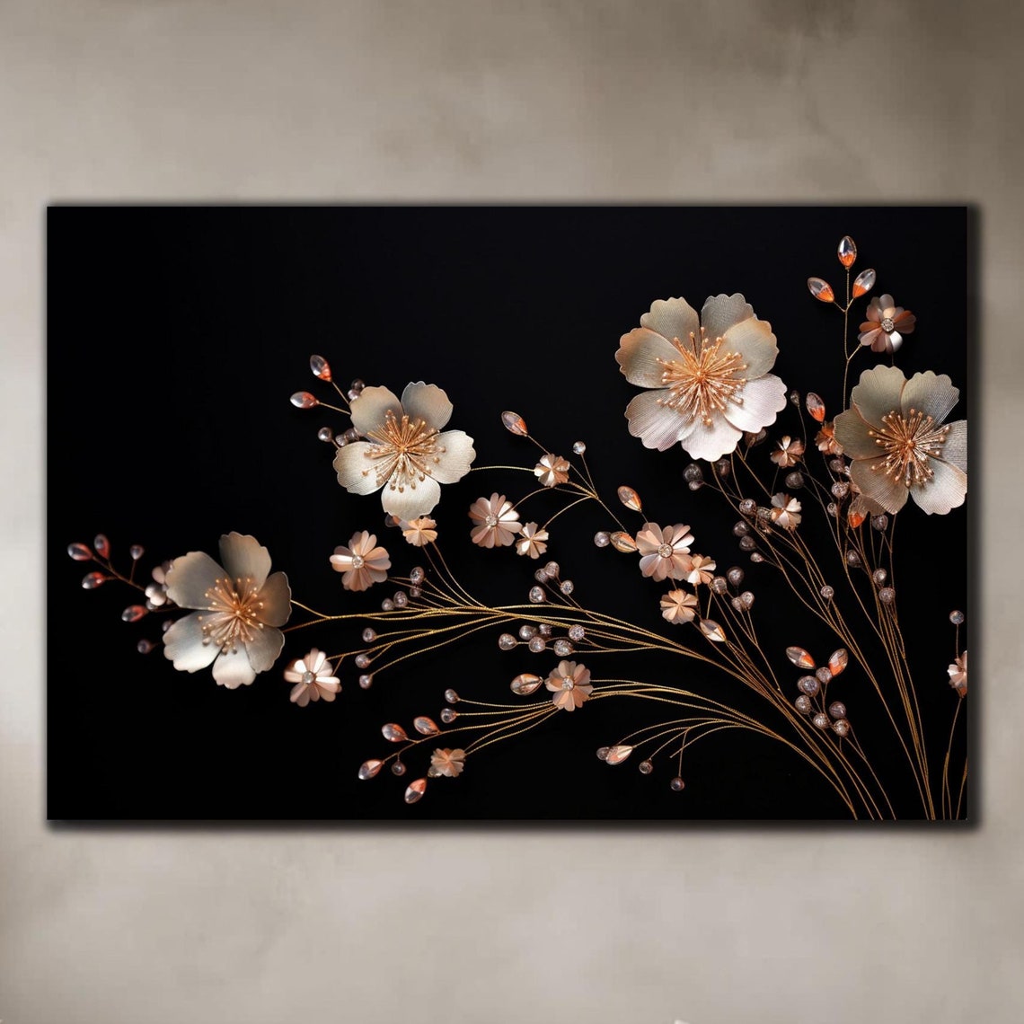 Champagne Gold Floral Branches Crystal Drops Black Background Poster