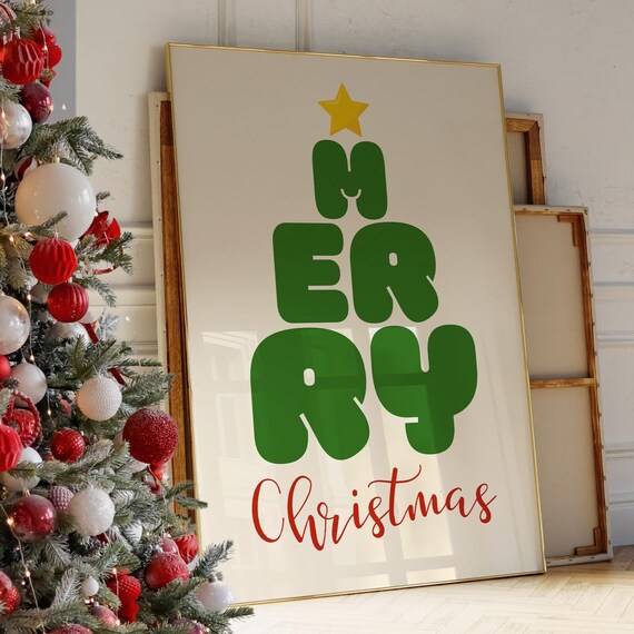 Merry Christmas Tree Bubble Letter Festive Holiday Art Poster