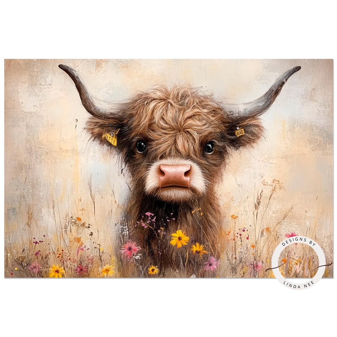 Baby Cow in Wildflowers, Vintage Farmhouse Art Print - Image 2