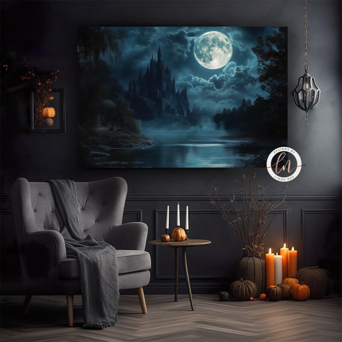 Gothic Castle Full Moon Night Lake Reflection Spooky Dark Fantasy Poster