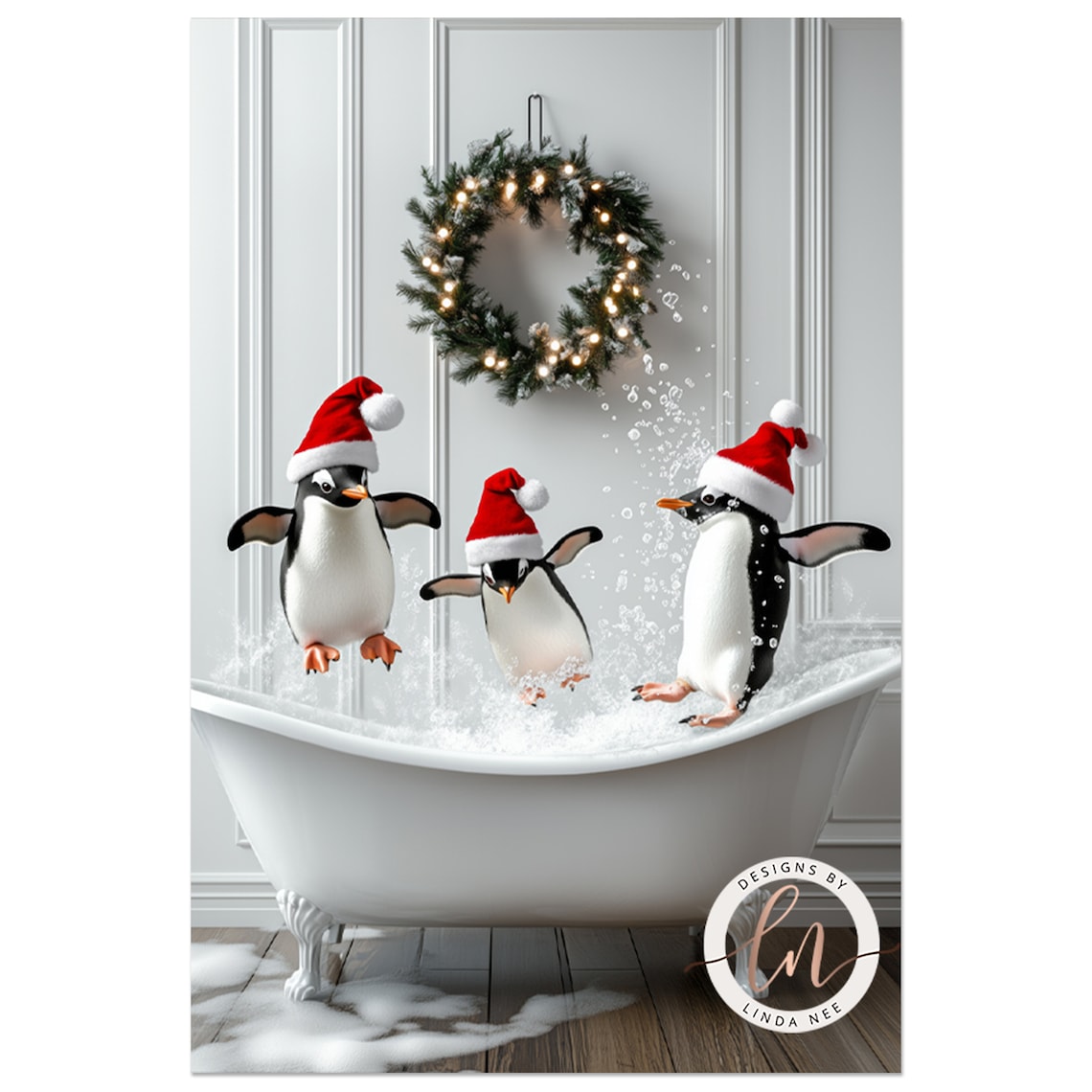 Cute Penguins in a Vintage Tub Christmas Art Print - Image 2