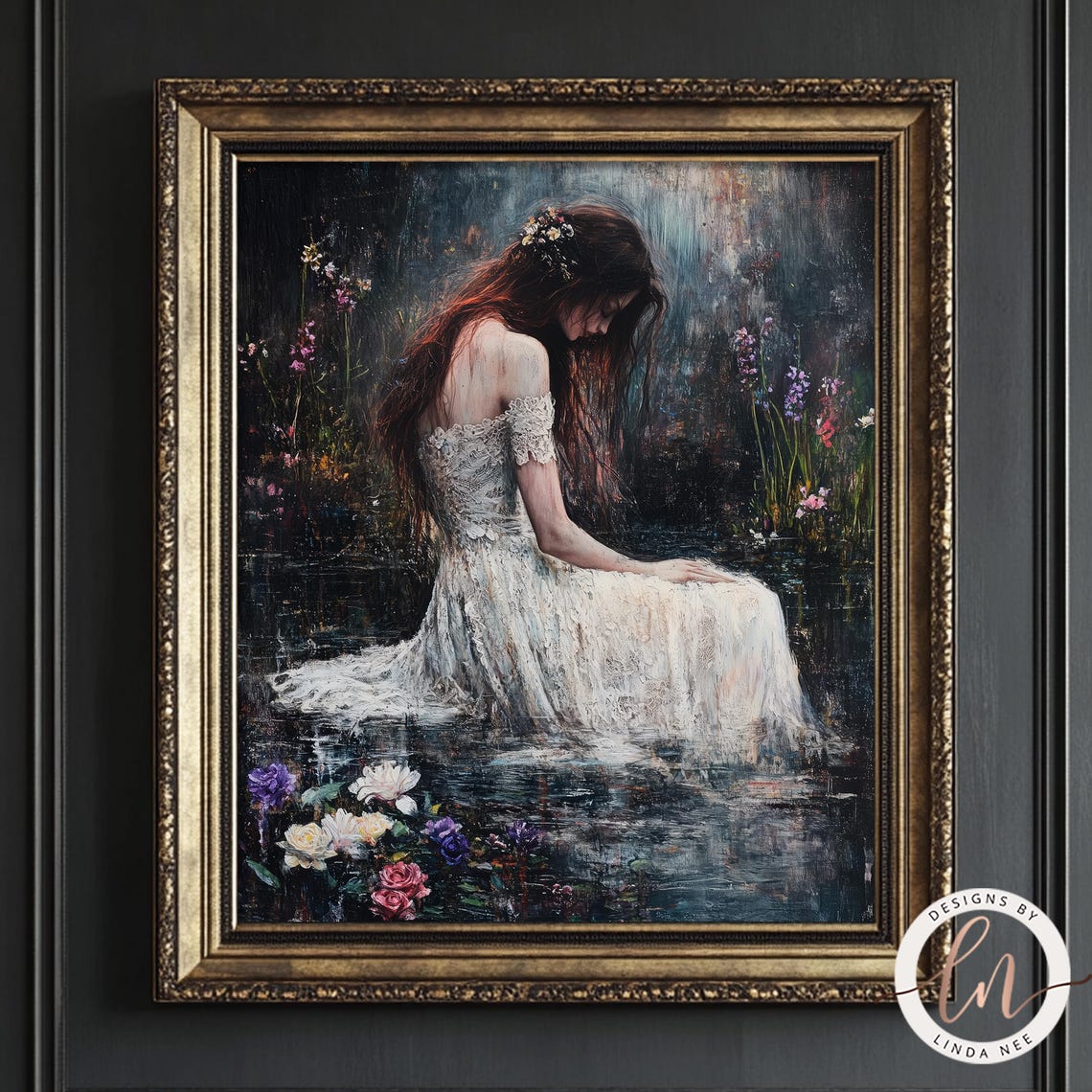 Dark Woman In Lake Painting Dark Academia Print Dreamy Ophelia Vintage Gothic Home Decor Moody Victorian Wall Art Wildflowers 6 Got065 - Image 3