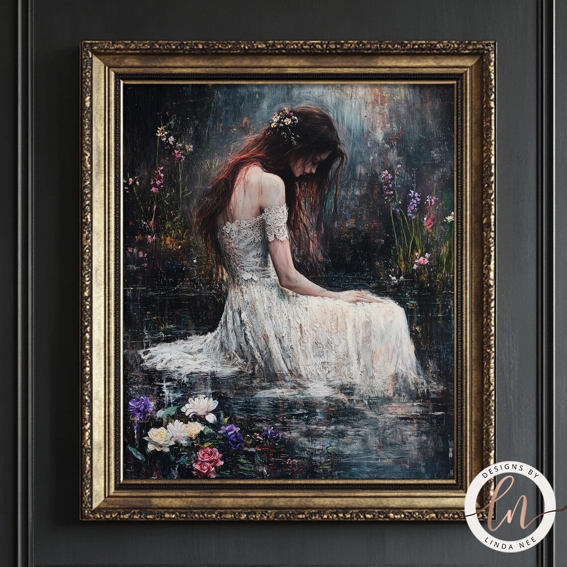 Dark Woman White Dress Lake Flowers Gothic Victorian Moody Art Poster - Image 3