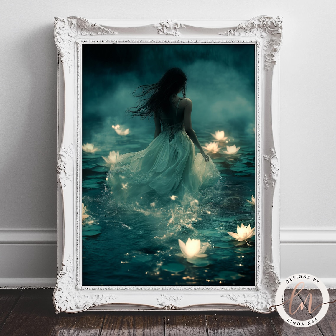 Woman in Lake With Glowing Lilies, Dark Academia Art Print - Image 2