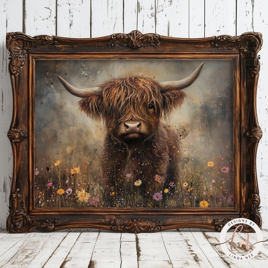 Scottish Highland Cow in Wildflowers, Vintage Art Print - Image 5
