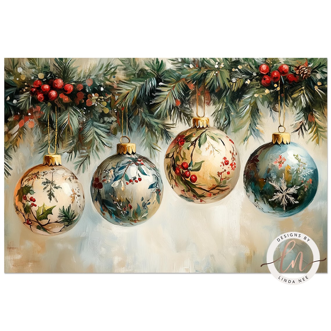 Vintage Christmas Ornament, Victorian Holly Garland Art Print - Image 4