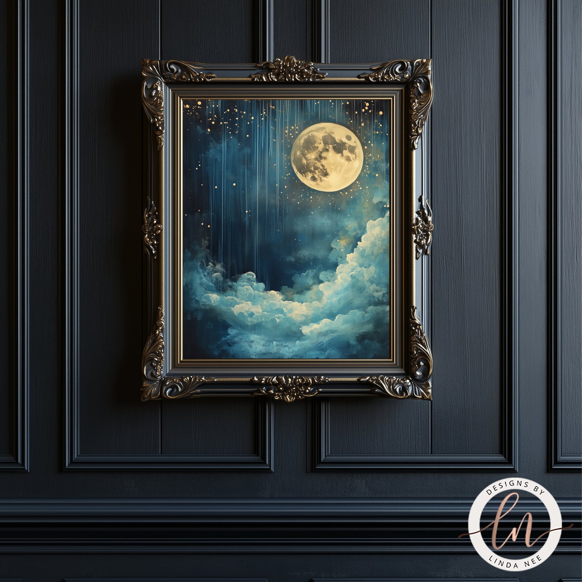 Celestial Golden Full Moon Clouds Teal Starry Night Sky Dreamy Poster - Image 3