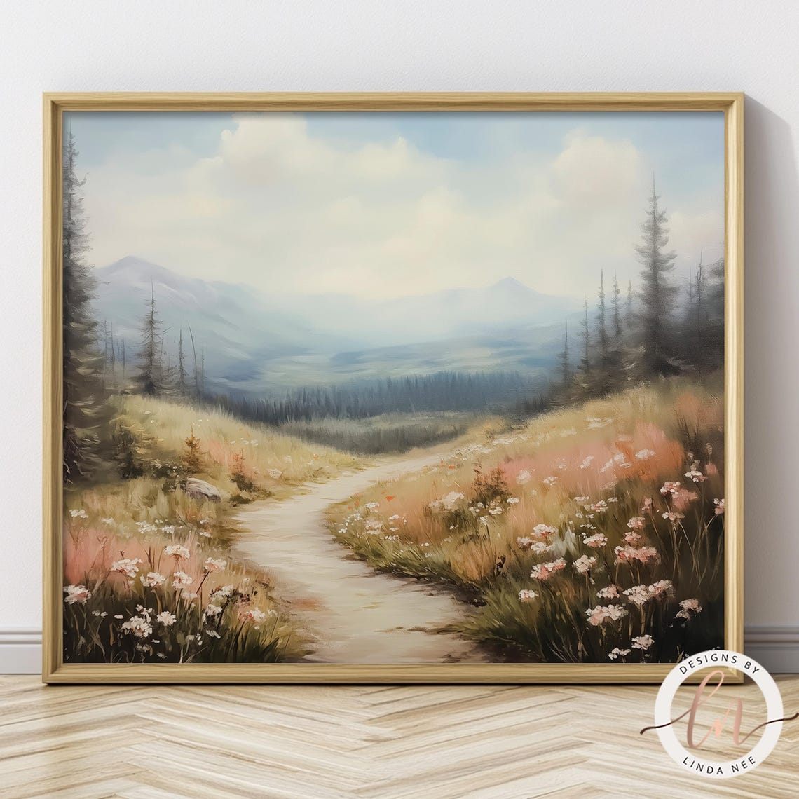 Mountain Meadow Wildflower Path Misty Peaks Rustic Landscape Poster - Image 2