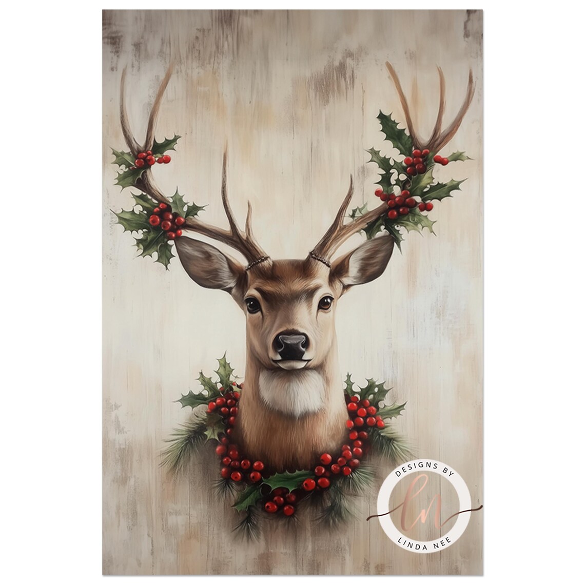 Reindeer, Vintage Christmas Nature Rustic Art Print - Image 4
